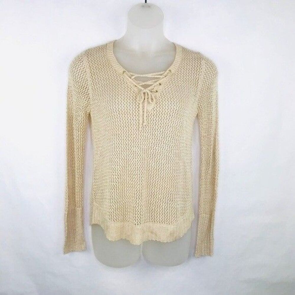 ohMG! Sweater Women Size L Beige Tan Crochet V-neck Tie Front Beige Tan